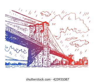 Brooklyn bridge in New York, USA. Sketch by hand. Vector illustration. Engraving style