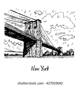 Brooklyn bridge in New York, USA. Sketch by hand. Vector illustration. Engraving style