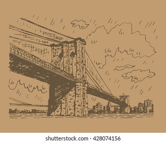 Brooklyn bridge in New York, USA. Sketch by hand. Vector illustration. Engraving style