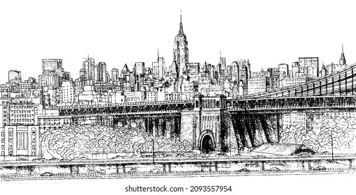 Brooklyn bridge in New York, vector hand-drawn.