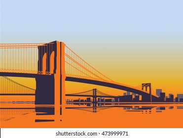 Brooklyn Bridge panorama in the morning sunrise over East River in New York City