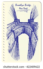 Brooklyn Bridge. Sketch imitating ink pen scribbling in a notepad. Sketch is isolated on a separate layer. EPS10 vector illustration.