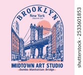 Brooklyn bridge street view. New York design studio t shirt print design. college text print. City back print for t shirt. Dumbo manhattans bridge view hand sketch print design