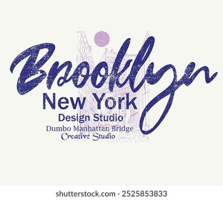 Brooklyn bridge street view. New York design studio t shirt print design, Dumbo manhattan bridge view hand sketch print design. college text print, Creative studio city vibes vector graphic artwork.