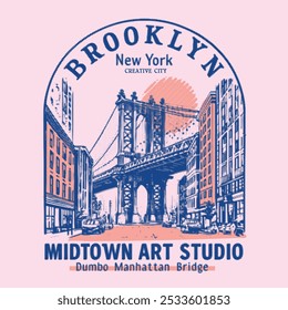 Brooklyn bridge street view. New York design studio t shirt print design. college text print. City back print for t shirt. Dumbo manhattans bridge view hand sketch print design