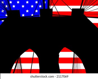 Brooklyn bridge tower against American Flag illustration