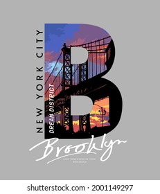 Slogan de calligrafía de Brooklyn con puente sobre fondo de puesta de sol en ilustración vectorial de letra B