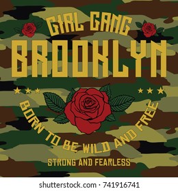 Brooklyn camouflage girl gang, born to be free embroidery rose slogan fashion patch, rose with leaves, fashion patches, badges  typography, t-shirt graphics, vectors