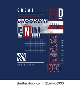 brooklyn, denim casual active, text frame, graphic t shirt design, typography vector, illustration, casual style