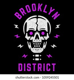 Brooklyn district. Retro white skull. Vintage violet print for t-shirt. Bizarre cool dead head. 