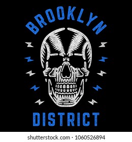 Brooklyn district. Retro white skull. Vintage blue print for t-shirt. Bizarre cool dead head. Authentic poster.