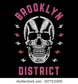Brooklyn district. Retro white skull. Vintage pink print for t-shirt. Bizarre cool dead head. Authentic poster.