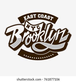 Brooklyn East Coast Custom Script Lettering Vintage Influenced Typographic Type Label Tee Print Design On A White Background. Vector Graphic.