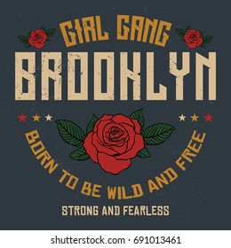 Brooklyn girl gang, embroidery rose slogan fashion patch, rose with leaves, fashion patches, badges  typography, t-shirt graphics, vectors