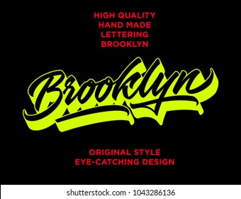 Brooklyn hand made calligraphic lettering logo in original style. Typographic work best for t-shirts, greetings and media. New York theme hand made lettering with eye-catching designs and colors.