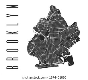 Brooklyn map poster. New York city borough street map. Cityscape aria panorama silhouette aerial view, typography style. Jamaica Bay, the Atlantic Ocean, The Narrows, Upper New York Bay.