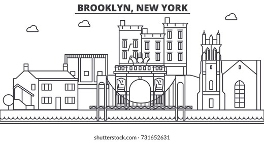 Brooklyn, New York architecture line skyline illustration. Linear vector cityscape with famous landmarks, city sights, design icons. Landscape wtih editable strokes