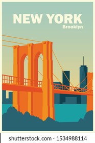 brooklyn new york bridge landmark city. vintage design poster vector