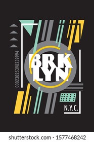 Brooklyn New York city creative t shirt design template with urban abstract shapes on dark background. Vector illustration. Fashion theme.