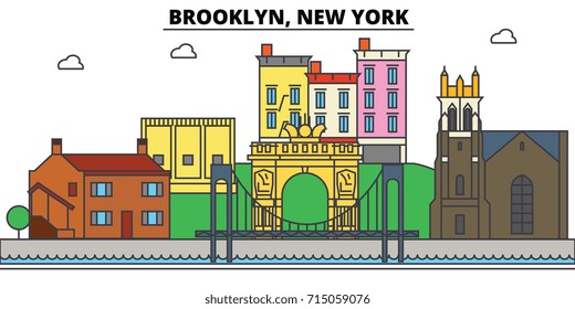 Brooklyn, New York. City skyline, architecture, buildings, streets, silhouette, landscape, panorama, landmarks, icons. Editable strokes. Flat design line vector illustration concept