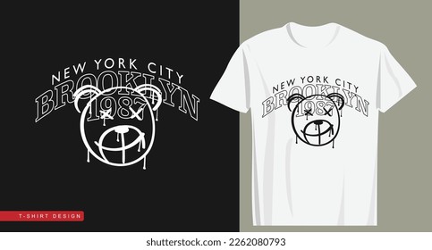 Brooklyn New York City text. Teddy bear graffiti style smiling emoji drawing. Retro vector illustration design for fashion graphics, t shirts.