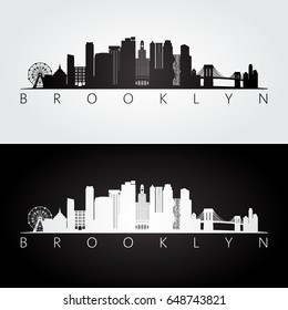 Brooklyn, New York city, USA skyline and landmarks silhouette, black and white design, vector illustration. 