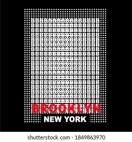 BROOKLYN, NEW YORK, WITH PATTERN BACKGROUND, T SHIRT GRAPHICS, WHITE AND RED TEXT.