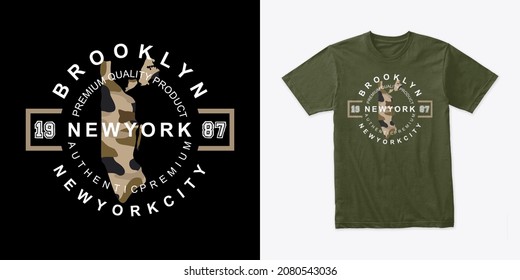 Brooklyn New york t-shirt design with knitted camouflage texture that make up the map of new york city. Typography graphics for New York tee shirt. Vector illustration