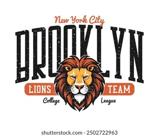 Brooklyn, New York t-shirt design with lion face. Typography graphics for t-shirt with lion head. Brooklyn apparel print in college style with grunge. Vector illustration.