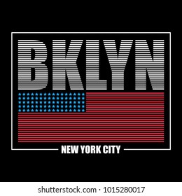 Brooklyn, New York typography graphics for t-shirt. Print athletic clothes with USA flag and lettering - BKLYN. Line design for sport original apparel. Vector illustration.