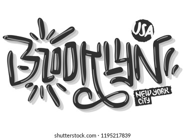 Brooklyn New York Usa Hip Hop Related Tag Graffiti Influenced Label Sign  Logo Hand Drawn Lettering for t shirt or sticker on a white background. Vector Image.
