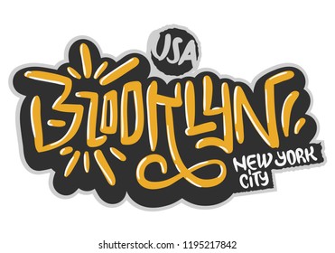 Brooklyn New York Usa Hip Hop Related Tag Graffiti Influenced Label Sign  Logo Hand Drawn Lettering for t shirt or sticker on a white background. Vector Image.