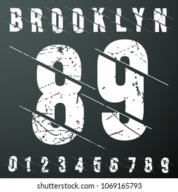 Brooklyn numbers vintage t-shirt stamp. Grunge textured number 0 1 2 3 4 5 6 7 8 9 designed for printing products, badge, applique, label, t shirt, jeans and casual wear print. Vector illustration.
