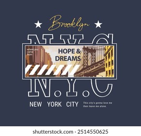 eslogan de caligrafía de Brooklyn NYC en la Ilustración vectorial gráfica del puente de la ciudad para la impresión de moda