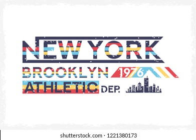 Brooklyn, NYC urban, other emblem with skyline. Typography, 80s patch, 90s fashion slogan with sun. Trend music college minimal t shirt. Apparel graphic with text New York City. Vector illustration.