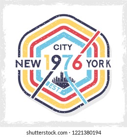 Brooklyn, NYC urban, other emblem with skyline. Typography, 80s patch, 90s fashion slogan with sun. Trend music college minimal t shirt. Apparel graphic with text New York City. Vector illustration.