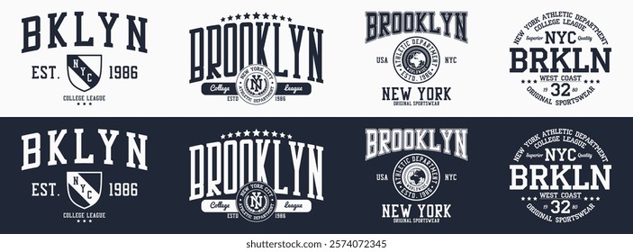 Brooklyn prints collection for t-shirt. New York, Brooklyn typography graphics for clothes design. Set of college style t-shirts, apparel and sportswear designs. Vector illustration.