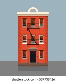 Brooklyn Red Brick Apartment Building. Flat Vector Illustration.