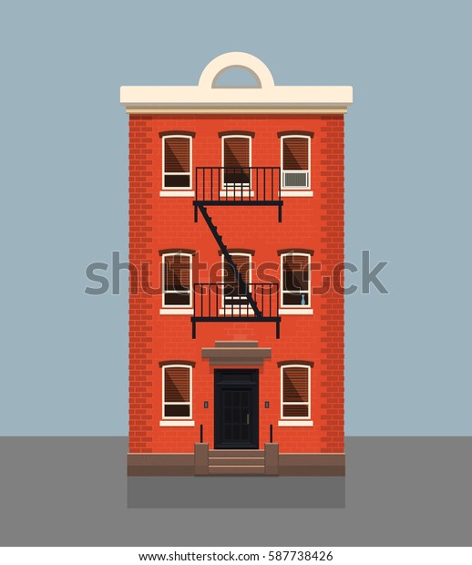 ブルックリンレッドレンガのアパート 平らなベクターイラスト のベクター画像素材 ロイヤリティフリー