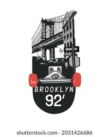 Brooklyn slogan with bridge silhouette and skateboard vector illustration