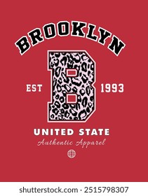 Brooklyn Slogan College estilo y Vector de diseño de estilo leopardo. 