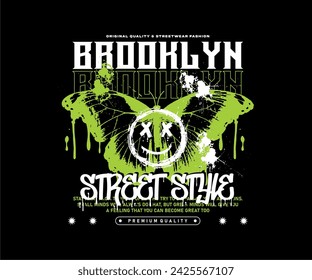 brooklyn slogan with dripping green butterfly vector illustration in spray paint style for streetwear, t shirt, poster, hoodie, etc