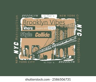 brooklyn slogan on bridge and city silhouette in square frame vector illustration