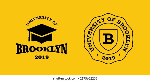Brooklyn slogan typography graphics for t-shirt. University print and logo for apparel. T-shirt design with shield and graduate hat. Vector illustration.