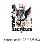 brooklyn street vibes slogan print design with baby angel statue illustration in graffiti street art style, for streetwear and urban style t-shirts design, hoodies, etc.