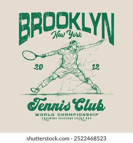 Brooklyn tennis club vintage tee print, athletic bekleidung design shirt grafik print. T-Shirt-Design des Tennisclubs Los Angeles. T-Shirt im College-Stil mit Tennisball. Druckgrafik Sportbekleidung