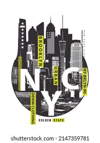 Brooklyn, urban, NYC, Nueva York en Vector ilustración sobre el tema de la ciudad de Nueva York, Brooklyn. Bandera estadounidense estilizada. Tipografía, gráficos para camisetas, afiche, impresión, pancarta, volante, postal