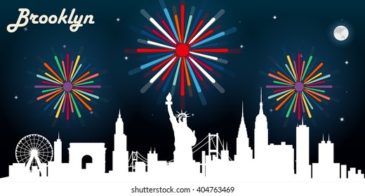 Brooklyn USA skyline silhouette vector design, dark night sky with fireworks