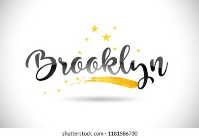 Brooklyn Word Text with Golden Stars Trail and Handwritten Curved Font Vector Illustration.