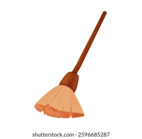 Broom 3D illustration made from twigs on a long wooden handle. Vector illustration. Tool for cleaning isolated on white background. Witches broom stick 3D icon. Halloween accessory object